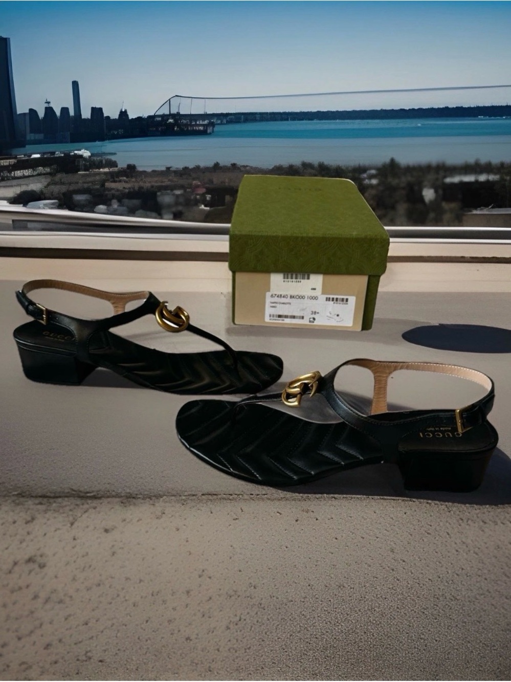 Gucci Black Leather Slingback Sandals with Gold Horsebit